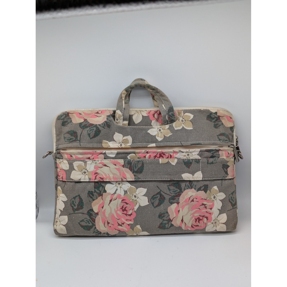 Canvaslife Floral Laptop Bag 16x12 Gray Pink Rose Canvas Shoulder Briefcase